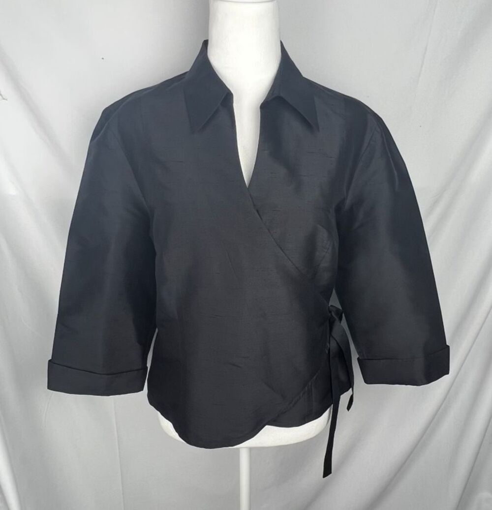 KATE HILL Womens Silk Wrap Blouse 14 Black Side Tie 3/4 Sleeve Collar Top Dressy